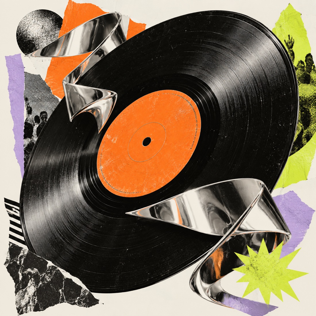 Black vinyl, chrome ribbons and torn fluorescent paper in an analog collage